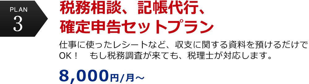 plan3 税務相談、記帳代行、確定申告セットプラン　仕事に使ったレシートなど、収支に関する資料を預けるだけでOK！もし税務調査が来ても、税理士が対応します。